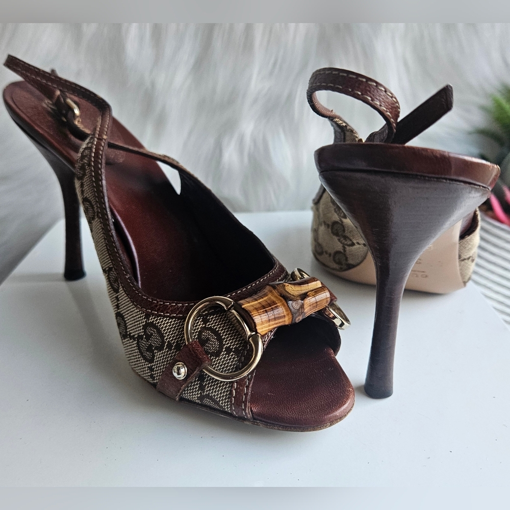 Gucci Beige GG Canvas Bamboo Horsebit Slingback Sandals Size 37